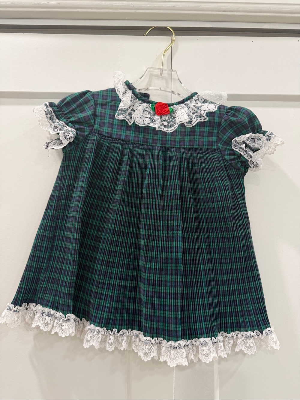 Vintage Green & Navy Plaid Lace-Trim Baby Dress with Red Rose Accent